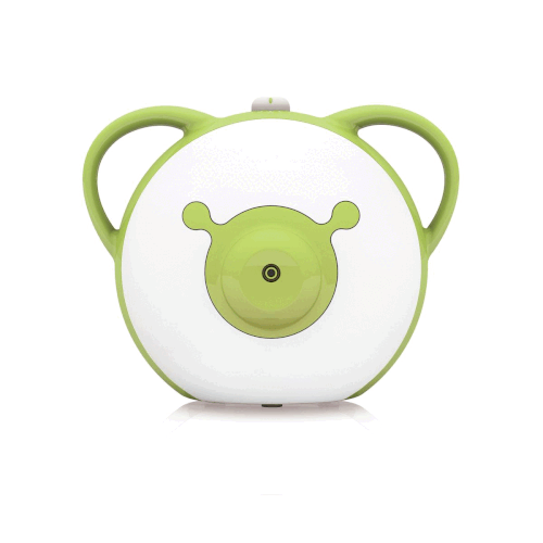 Image animé en format GIF montrant un mouche-bébé électrique Nosiboo Pro vert vu de dessus, de face et de côté