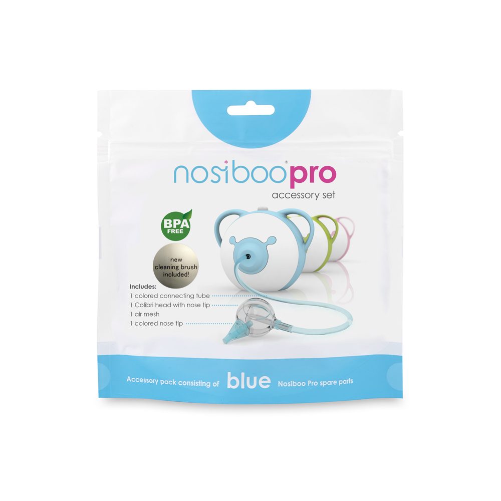 L'emballage de l'ensemble d'accessoires Nosiboo Pro en couleur bleue