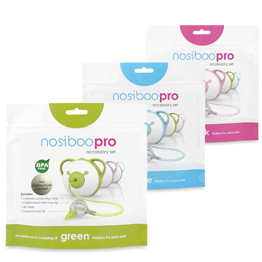 En savoir plus sur l'ensemble d'accessoires Nosiboo Pro en trois couleurs: bleu, vert, rose